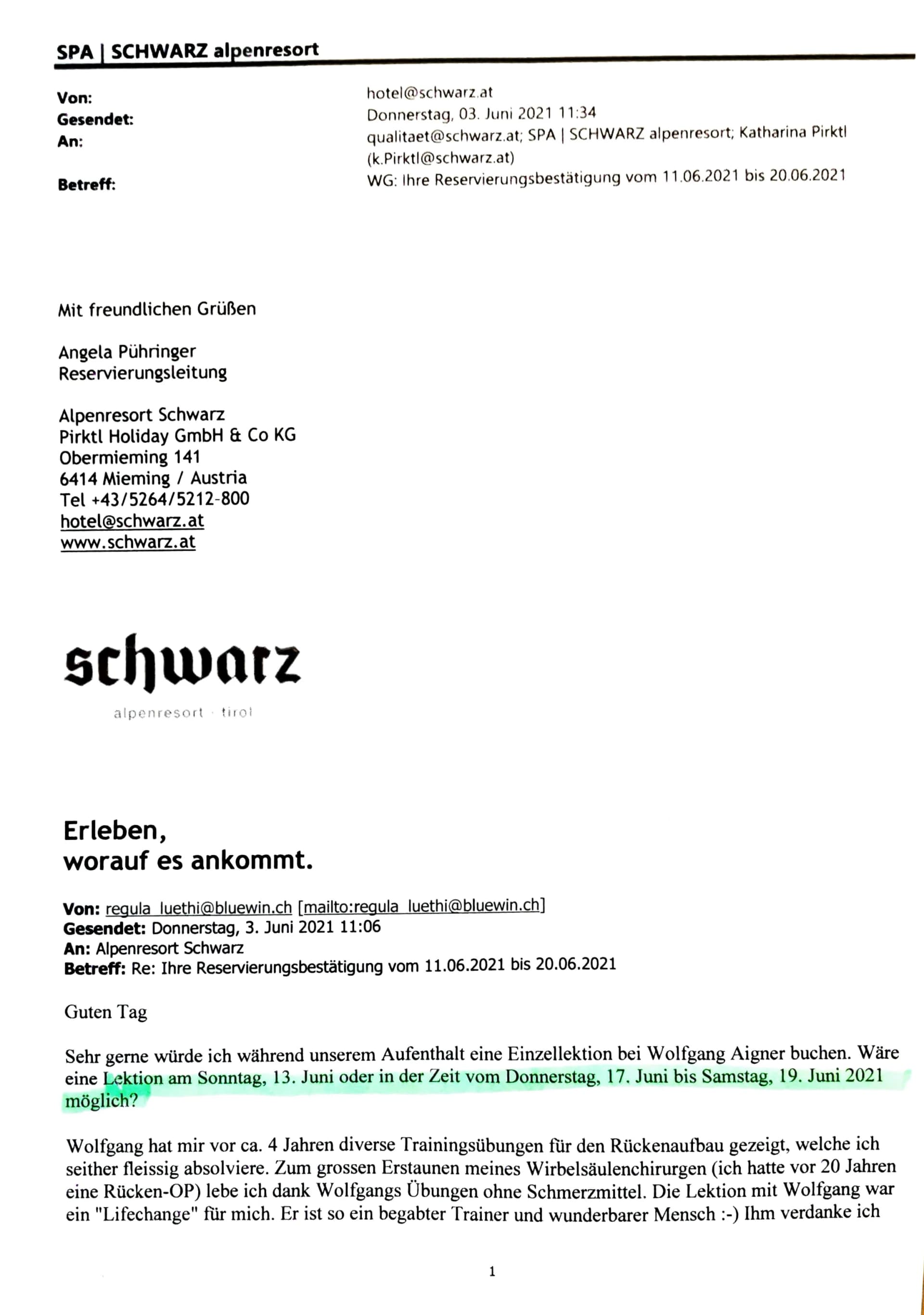 Schriftliche Rückmeldung zur persönlichen Begleitung — Vorder- und Rückseite. Vorderseite