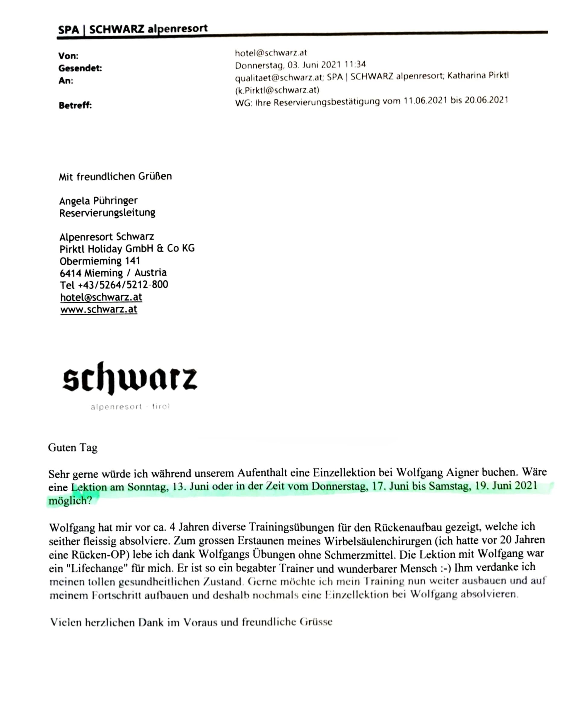 Wolfgang hat mir vor ca. 4 Jahren diverse Trainingsübungen für den Rückenaufbau gezeigt, welche ich seither fleissig absolviere. Zum grossen Erstaunen meines Wirbelsäulenchirurgen (ich hatte vor 20 Jahren eine Rücken-OP) lebe ich dank Wolfgangs Übungen ohne Schmerzmittel. Die Lektion mit Wolfgang war ein „Lifechange“ für mich. Er ist so ein begabter Trainer und wunderbarer Mensch.