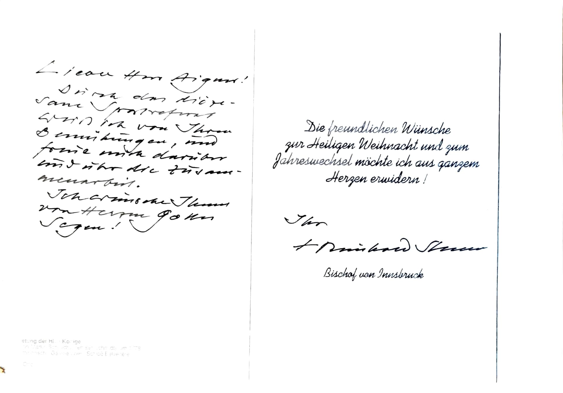 Handschriftliche Karte des Bischofs von Innsbruck an Wolfgang Aigner. Gedruckt: „Die freundlichen Wünsche zur Heiligen Weihnacht und zum Jahreswechsel möchte ich aus ganzem Herzen erwidern!“ — darunter die Unterschrift und „Bischof von Innsbruck“.