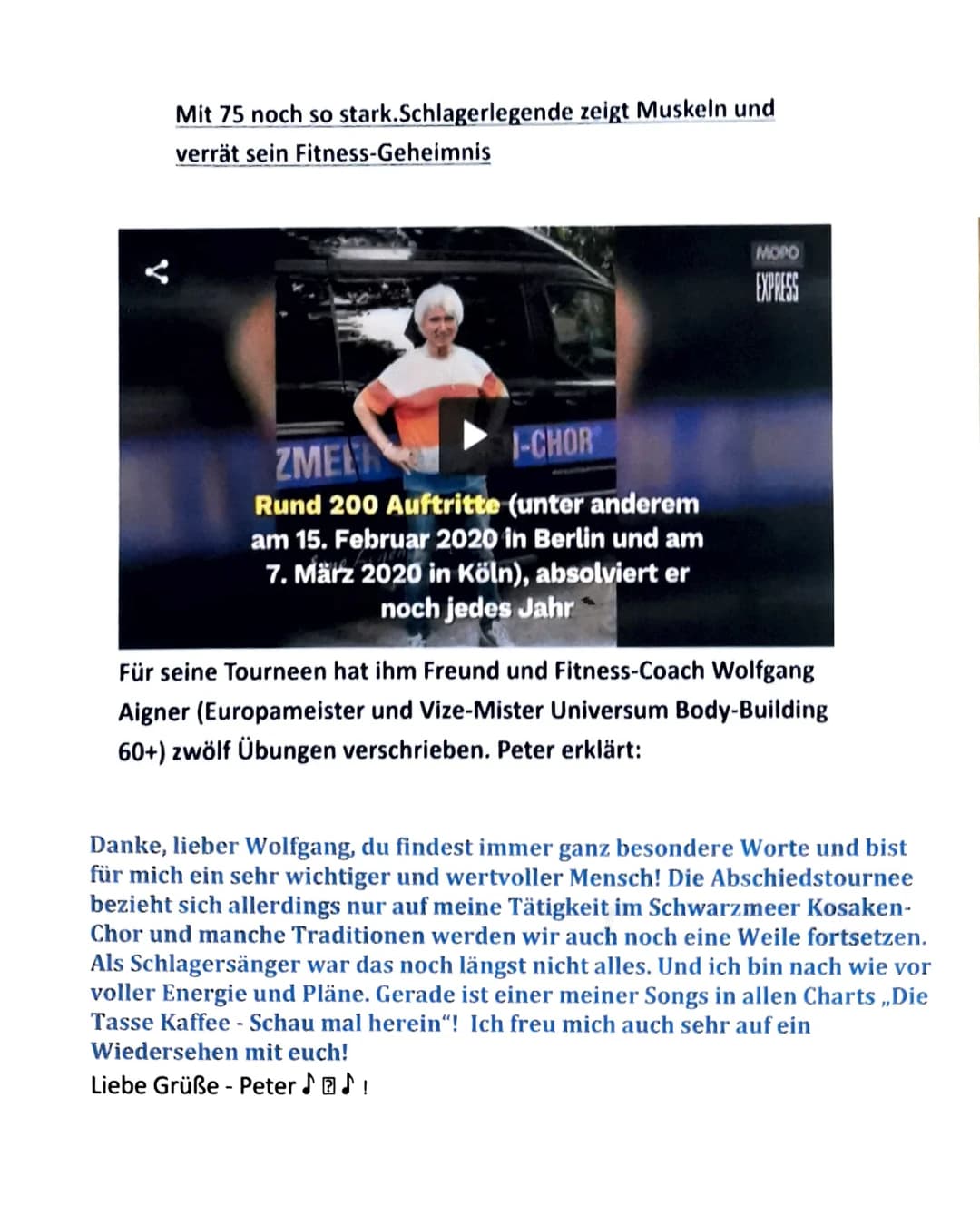 Presseausschnitt „Mit 75 noch so stark. Schlagerlegende zeigt Muskeln und verrät sein Fitness-Geheimnis“ — für seine Tourneen hat ihm Freund und Fitness-Coach Wolfgang Aigner zwölf Übungen verschrieben. Darunter Peter Orloffs Nachricht: „Danke, lieber Wolfgang, du findest immer ganz besondere Worte und bist für mich ein sehr wichtiger und wertvoller Mensch!“